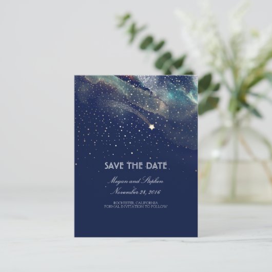 Marine en Goud Schieten Star Night Save The Date Aankondigingskaart (Staand voorkant)