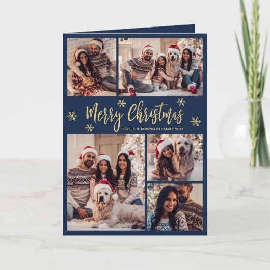 Marine en Goud Sneeuwvlok 6 Foto Collage Kerstmis Feestdagen Kaart (Voorkant)