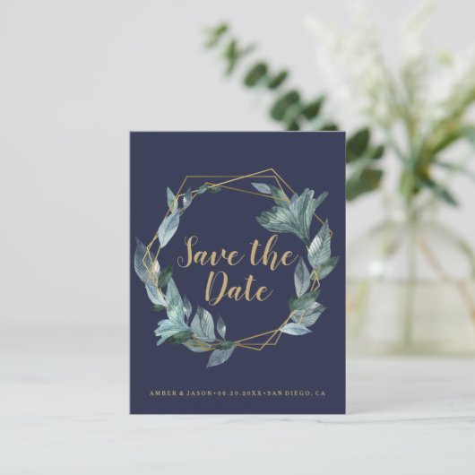 Marine en Goud terrarium botanische Save the Date Briefkaart (Staand voorkant)