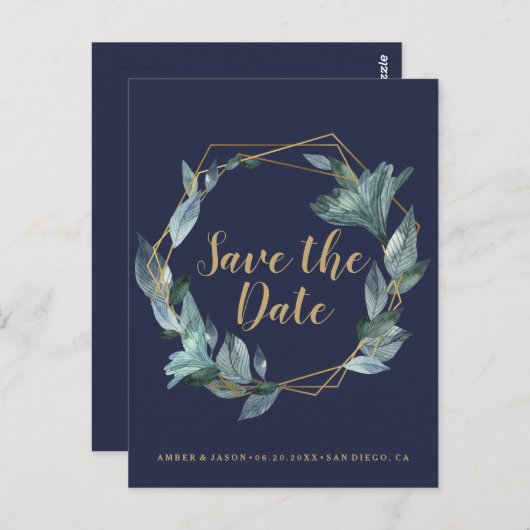 Marine en Goud terrarium botanische Save the Date Briefkaart (Voorkant / Achterkant)