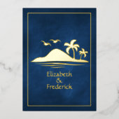 Marine en Goud Tropisch Strand Bruiloft Folie Uitnodiging (Voorkant)