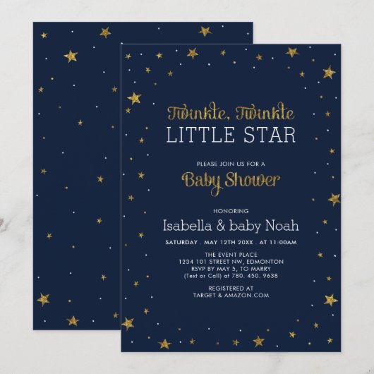 Marine en goud | Twinkle Little Star Baby shower Kaart (Voorkant / Achterkant)