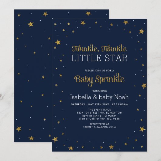 Marine en goud | Twinkle Little Star Baby Sprinkle Kaart (Voorkant / Achterkant)