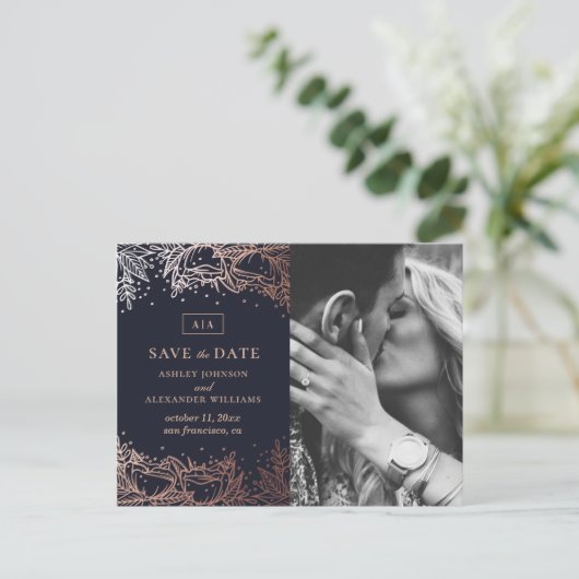 Marine en gouden bloemen bruiloft. Blauw De datum  Briefkaart (Staand voorkant)