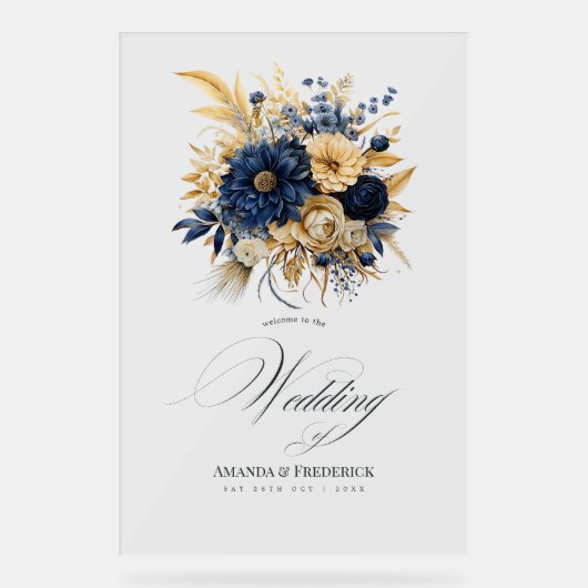 Marine en Gouden Bloemen Huwelijk Welkom Acryl Bord (Voorkant)