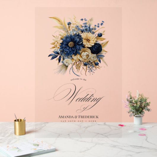 Marine en Gouden Bloemen Huwelijk Welkom Acryl Bord (Huwelijk)