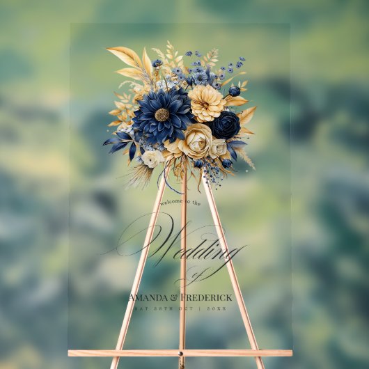 Marine en Gouden Bloemen Huwelijk Welkom Acryl Bord (Neutraal)