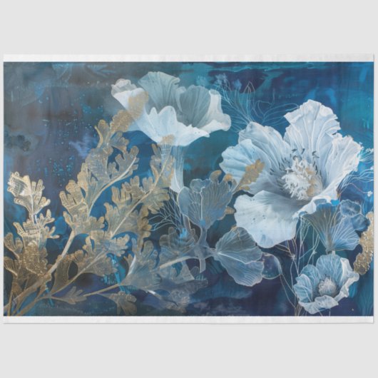 Marine en Gouden Bloemen Zeewier Decoupage Tissuepapier (Voorkant)