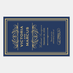 Marine en Gouden Bruiloft Wijnfles Monogram Favor Rechthoekige Sticker