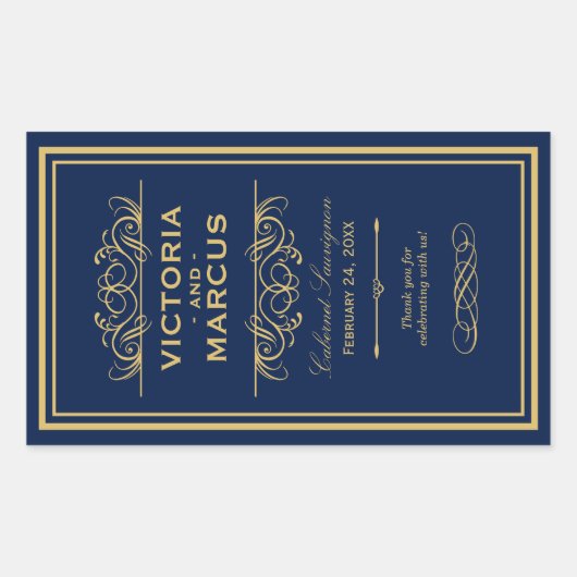 Marine en Gouden Bruiloft Wijnfles Monogram Favor Rechthoekige Sticker (Voorkant)