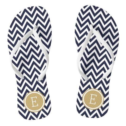 Marine en Gouden Chevron Monogram Teenslippers (Voetbed)