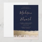 Marine en Gouden Folie, Elegante bruiloft Kaart (Voorkant / Achterkant)