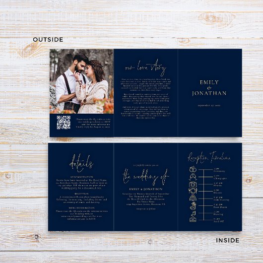 Marine en Gouden Foto QR Code Tijdlijn Huwelijk Drieluik Uitnodiging
