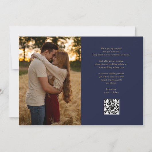 Marine en gouden hart script foto trouw QR-code Save The Date (Achterkant)