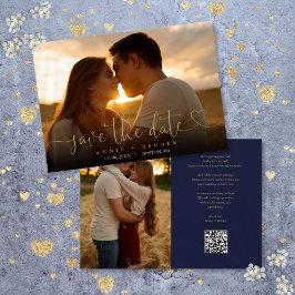 Marine en gouden hart script foto trouw QR-code Save The Date