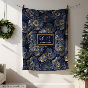 Marine en gouden luxe deken met eigen naam bloemen