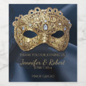 Marine en Gouden Masquerade Bruiloft Wijn Label Etiket (Enkel label)