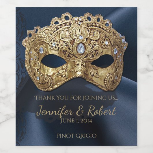 Marine en Gouden Masquerade Bruiloft Wijn Label Wijn Etiket (Enkel label)