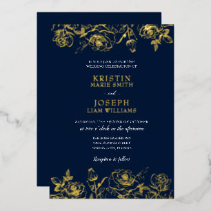 Marine en gouden rozentuin folie uitnodiging