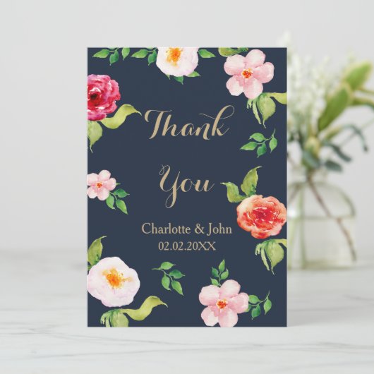 marine en gouden waterverf bloemen bruiloft kaart (Staand voorkant)