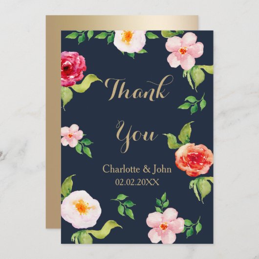 marine en gouden waterverf bloemen bruiloft kaart (Voorkant / Achterkant)