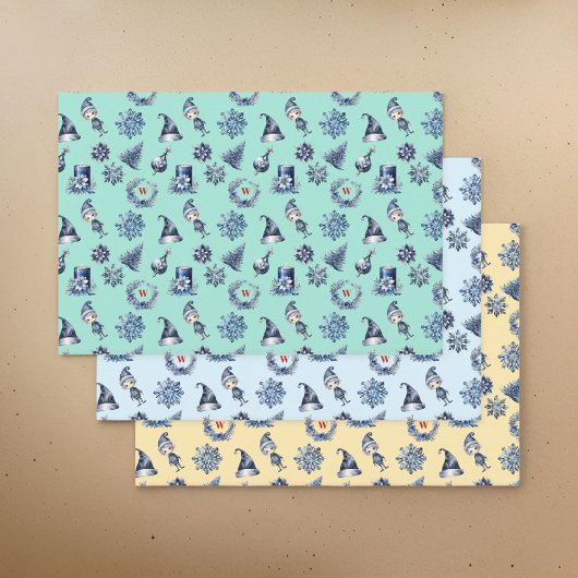 Marine en Grijze Elf Bomen Krans Sneeuwvlok Monogr Inpakpapier Vel