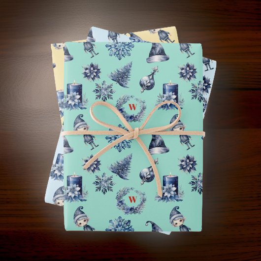 Marine en Grijze Elf Bomen Krans Sneeuwvlok Monogr Inpakpapier Vel
