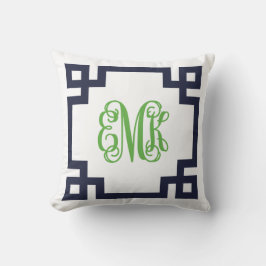 Marine en groen Grieks Key Script Monogram Kussen