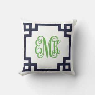 Marine en groen Grieks Key Script Monogram Kussen