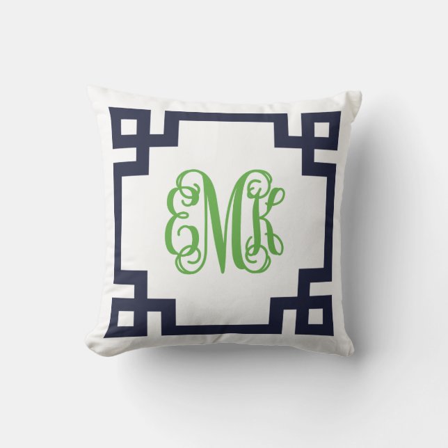 Marine en groen Grieks Key Script Monogram Kussen (Voorkant)