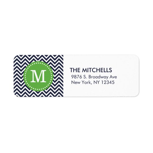 Marine en Groen Modern Chevron Monogram Etiket (Voorkant)