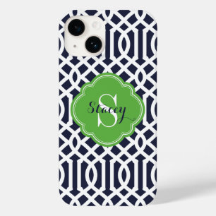 Marine en Groen Modern Trellis Monogram Case-Mate iPhone Case