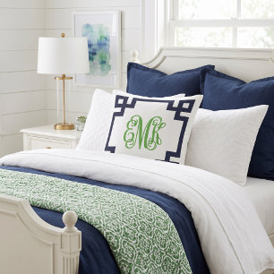 Marine en groene Griekse sleutel script monogram Kussen