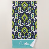 Marine en Groene Ikat Paisley Naam Monogram Strandlaken (Voorkant)