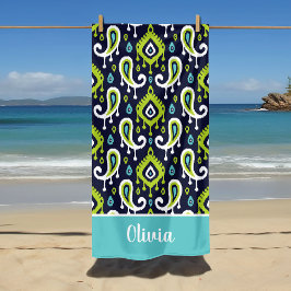 Marine en Groene Ikat Paisley Naam Monogram Strandlaken