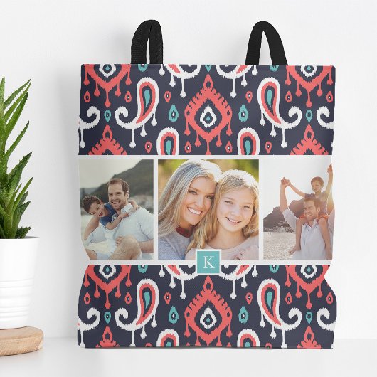 Marine en koraal Ikat Paisley familie foto monogra Tote Bag