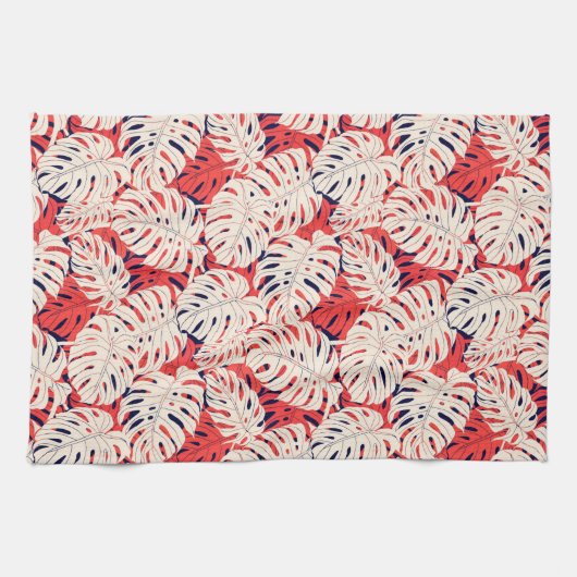 Marine en koraal Monstera blad keukenhanddoek (Horizontaal)