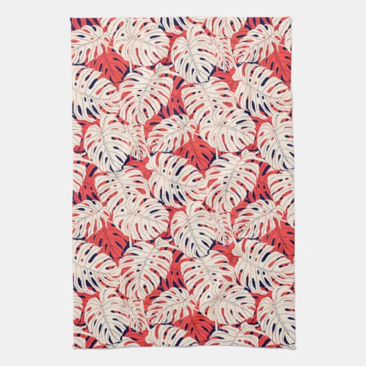 Marine en koraal Monstera blad keukenhanddoek (Verticaal)