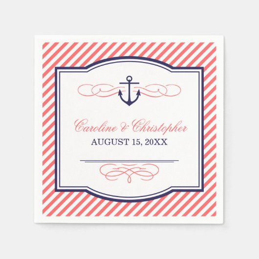 Marine en Koraal Nautisch Anker Bruiloft Monogram Servet (Voorkant)