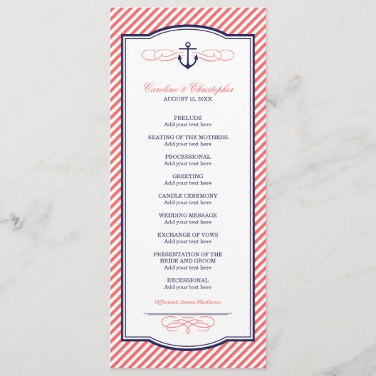 Marine en koraal nautische anker bruiloft programm programmakaart (Voorkant)