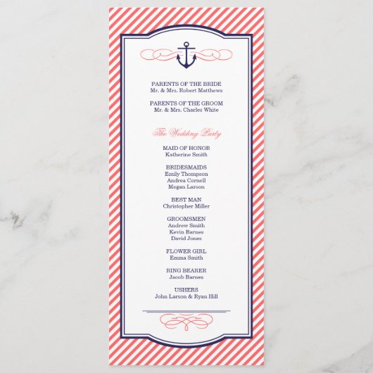 Marine en koraal nautische anker bruiloft programm programmakaart (Achterkant)