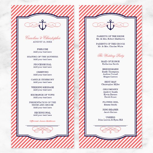 Marine en koraal nautische anker bruiloft programm programmakaart