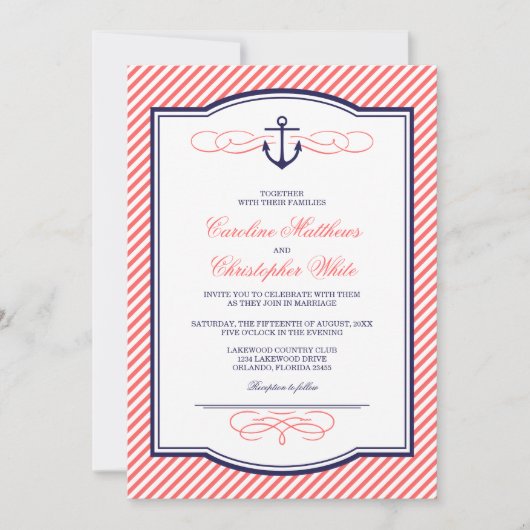 Marine en koraal nautische anker bruiloft uitnodig kaart (Voorkant)