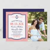 Marine en koraalblauwe anker foto Save the Date (Voorkant / Achterkant)