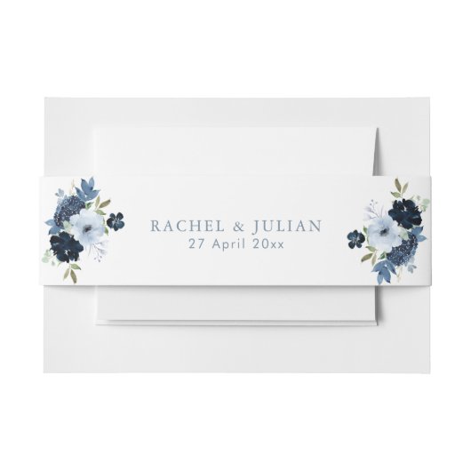 Marine en licht Blauw bloemige buikband Uitnodigingen Wikkel (Voorkant Voorbeeld)