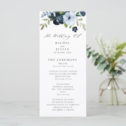 Marine en lichtblauw bloemenbruiloft programma programmakaart (Staand voorkant)
