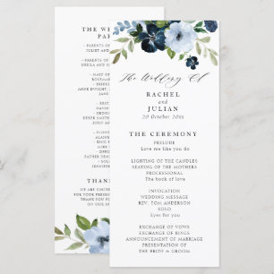 Marine en lichtblauw bloemenbruiloft programma programmakaart