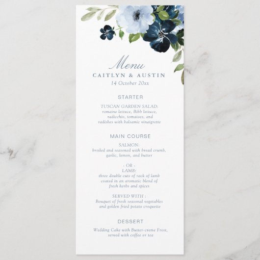 Marine en lichtblauw huwelijksmenu menu (Voorkant)