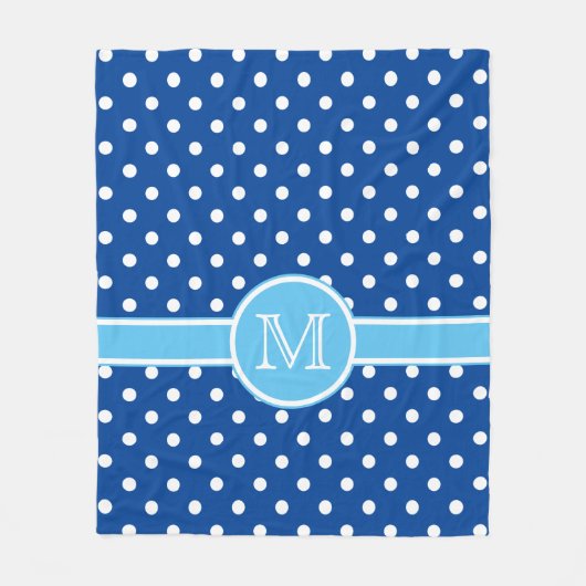 Marine en lichtblauw met wit Polka Dot Monogram Fleece Deken (Voorkant)