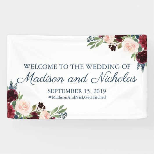 Marine en Marsala Bloemen Bruiloft Banner Decorati (Horizontaal)